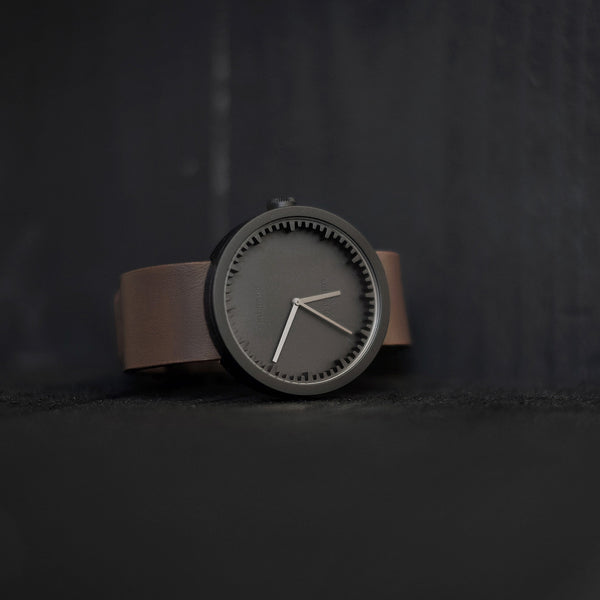 Tube watch D38_北歐工業齒輪設計真皮腕錶_霧黑/棕皮帶 black with brown leather