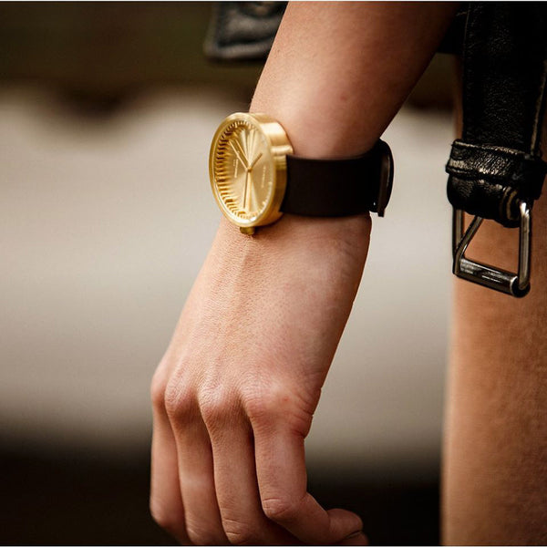 Tube watch D38_北歐工業齒輪設計真皮腕錶_黃銅/棕皮帶 brass with brown leather